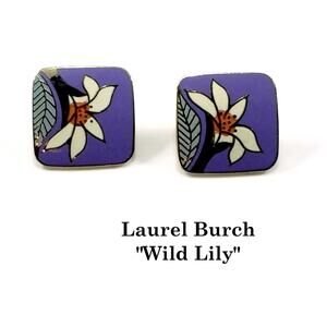 Laurel Burch Wild Lily Earrings Cloisonne Lavender Floral Clip Vintage